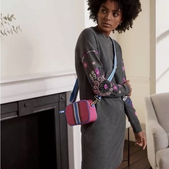 BODEN Jasmine Gray Sweater Dress Embroidered Sleeves - Size 12 L/ 12 Long- EUC - Picture 2 of 12